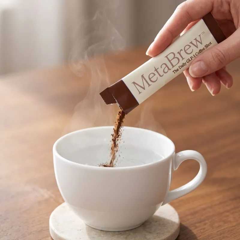 Ein Metabrew Sachet wird in eine Tasse gerührt
